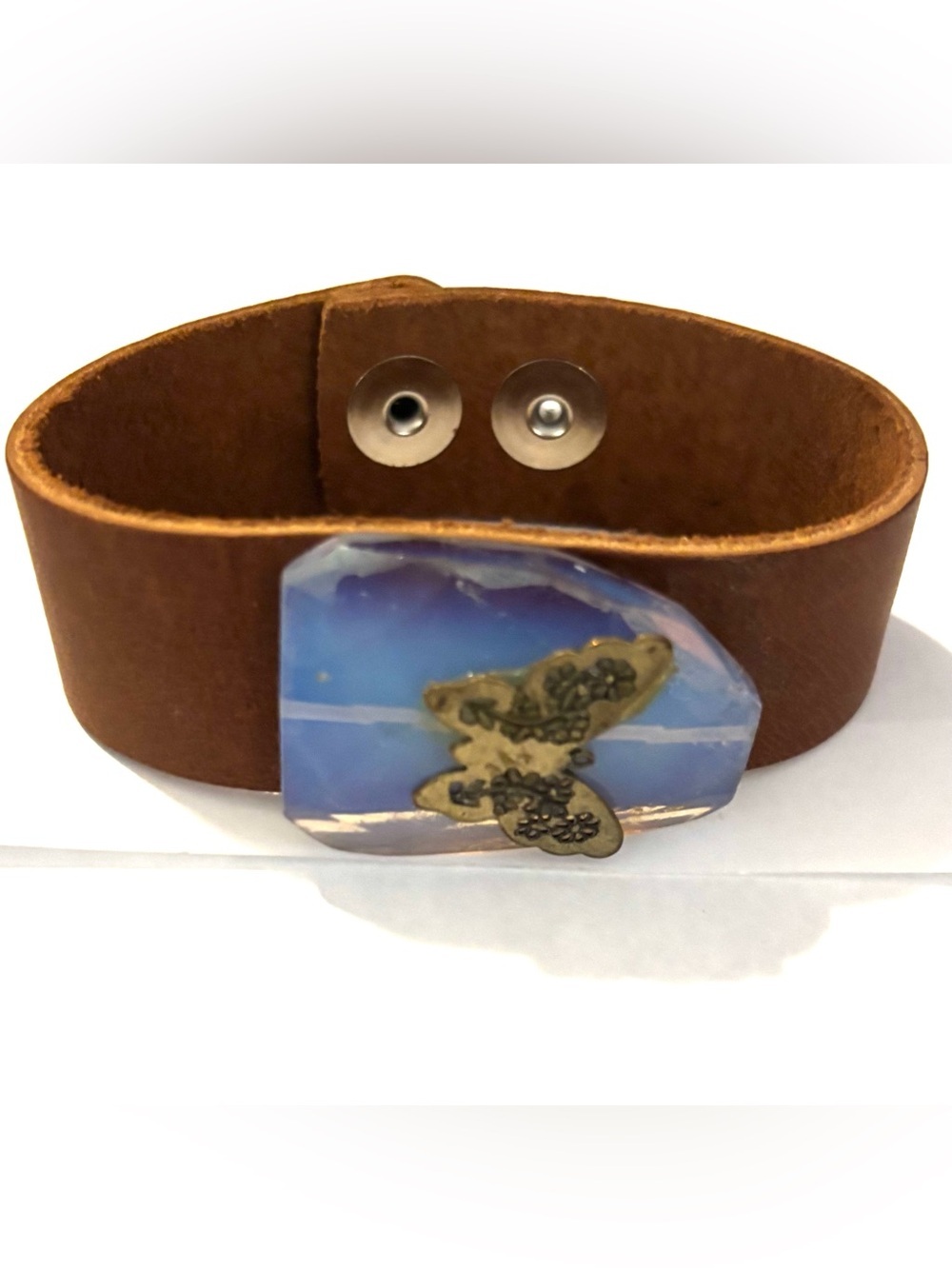 Handmade unisex Brown Leather Bracelet with Blue Agate Butterfly Accent